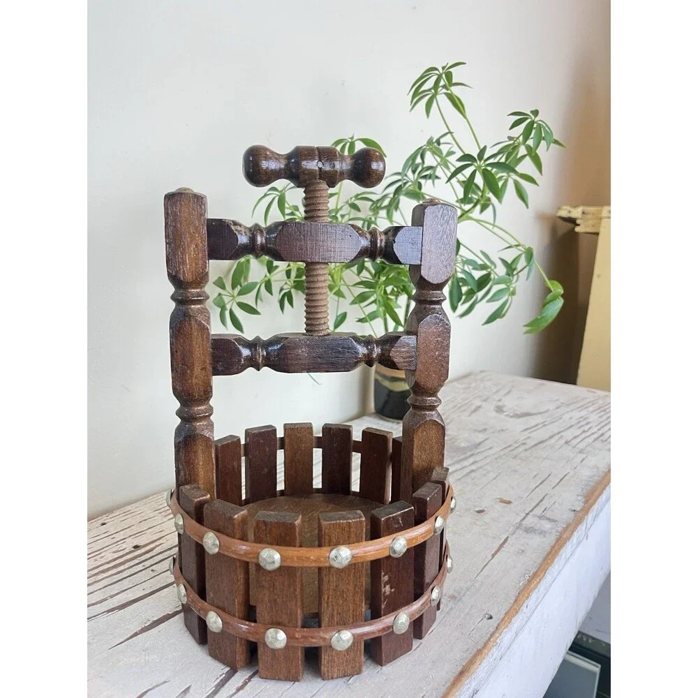 Vintage Wooden Wishing Well Nut Cracker Basket Bowl Hand Crank Cottage Charm